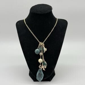 Vintage Gold Tone Cluster Charm Necklace Teal Emerald Green Beads Bow Pendant